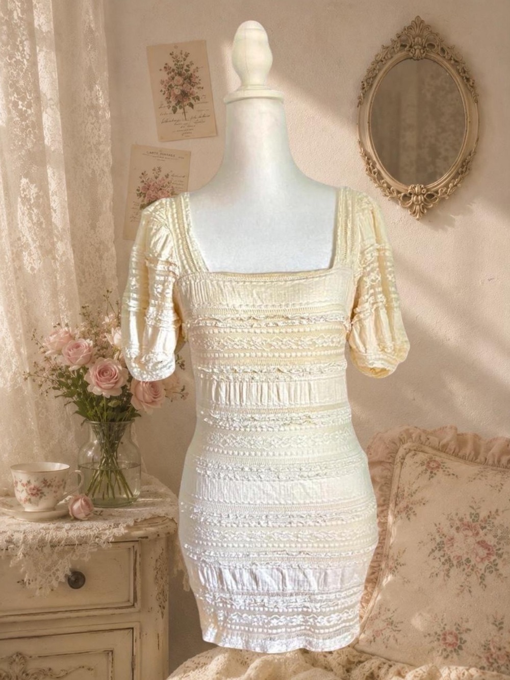 Coquette Cream Lace Puff Sleeve Mini Dress